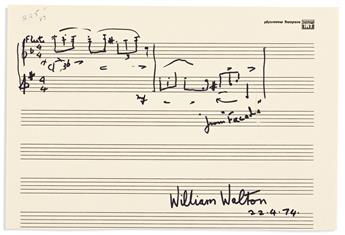 WALTON, WILLIAM. Two items: Autograph Note Signed * Autograph Musical Quotation Signed.